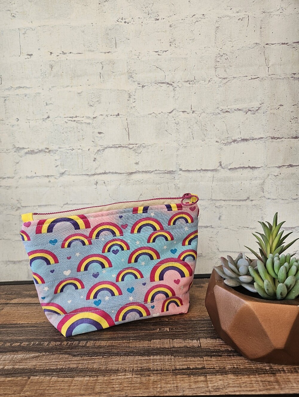Handmade Quilted 8" Zipper Pouch Rainbow Heart Star Print